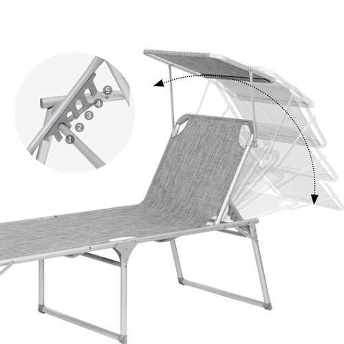 Chaise Longue, Charge 150 Kg, Avec Dossier Et Parasol Inclinables, Pliable, Pour Jardin, Gris Chiné