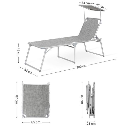 Chaise Longue, Charge 150 Kg, Avec Dossier Et Parasol Inclinables, Pliable, Pour Jardin, Gris Chiné