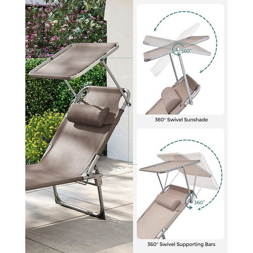 Chaise Longue, Charge 150 Kg, Appui-tête, Dossier Et Parasol Inclinables, Pliable, Taupe