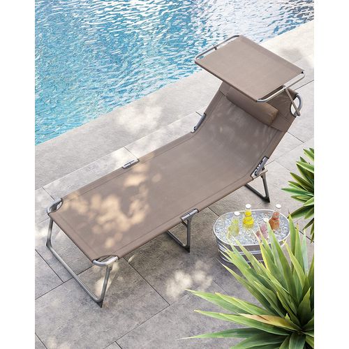 Chaise Longue, Charge 150 Kg, Appui-tête, Dossier Et Parasol Inclinables, Pliable, Taupe