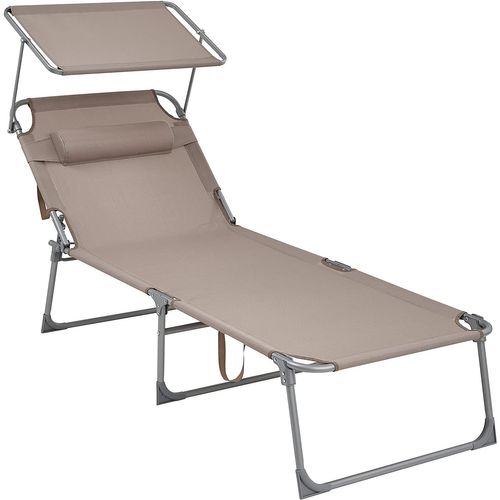 Chaise Longue, Charge 150 Kg, Appui-tête, Dossier Et Parasol Inclinables, Pliable, Taupe