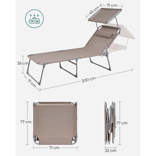 Chaise Longue, Charge 150 Kg, Appui-tête, Dossier Et Parasol Inclinables, Pliable, Taupe