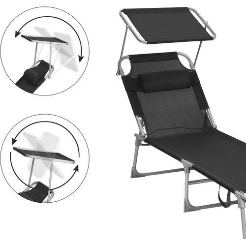 Chaise Longue, Avec Appui-tête, Dossier Et Parasol Inclinables, Léger, Pliable, Charge 150 Kg, Noir