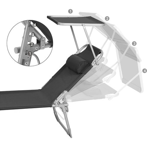 Chaise Longue, Avec Appui-tête, Dossier Et Parasol Inclinables, Léger, Pliable, Charge 150 Kg, Noir