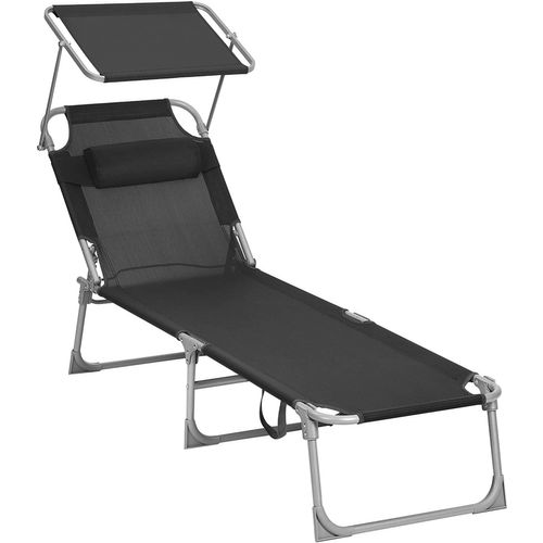Chaise Longue, Avec Appui-tête, Dossier Et Parasol Inclinables, Léger, Pliable, Charge 150 Kg, Noir