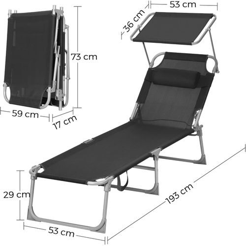 Chaise Longue, Avec Appui-tête, Dossier Et Parasol Inclinables, Léger, Pliable, Charge 150 Kg, Noir