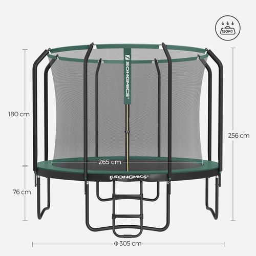 Trampoline Pour Enfant, Diamètre 305 Cm, Filet De Protection, Poteau De 180 Cm De Haut, Noir Et Vert
