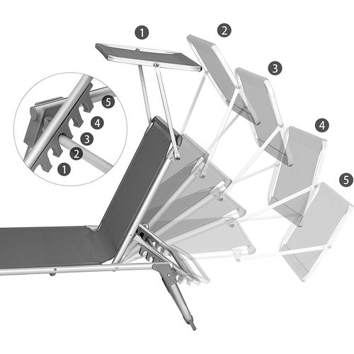 Chaise Longue, Avec Dossiers Et Parasol Inclinables, Pliable, Léger, Charge 150 Kg, Gris Anthracite