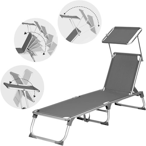 Chaise Longue, Avec Dossiers Et Parasol Inclinables, Pliable, Léger, Charge 150 Kg, Gris Anthracite