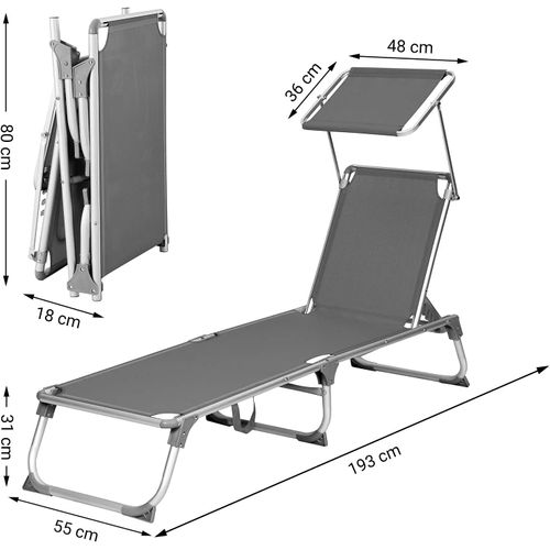 Chaise Longue, Avec Dossiers Et Parasol Inclinables, Pliable, Léger, Charge 150 Kg, Gris Anthracite