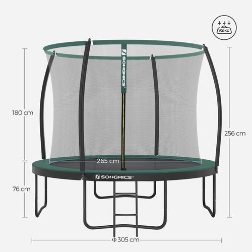 Trampoline Pour Enfants Diamètre 305 Cm, Filet De Protection, Poteau Incurvé 180 Cm, Noir Et Vert