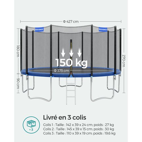 Trampoline Extérieur, Diamètre 427 Cm, Équipement Jardin, Noir Et Bleu