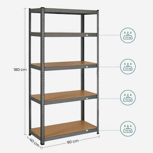 Étagère, Planches Réglables, 40 X 90 X 180 Cm, Capacité 875 Kg, Gris