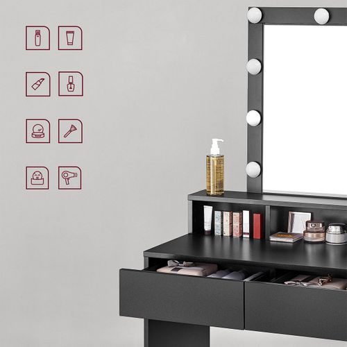Coiffeuse 1 Tiroir, 3 Niches Et 1 Miroir Avec Ampoules Noir - L80 Cm