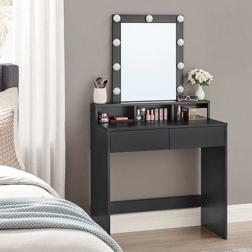Coiffeuse 1 Tiroir, 3 Niches Et 1 Miroir Avec Ampoules Noir - L80 Cm
