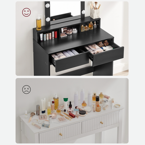 Coiffeuse 1 Tiroir, 3 Niches Et 1 Miroir Avec Ampoules Noir - L80 Cm