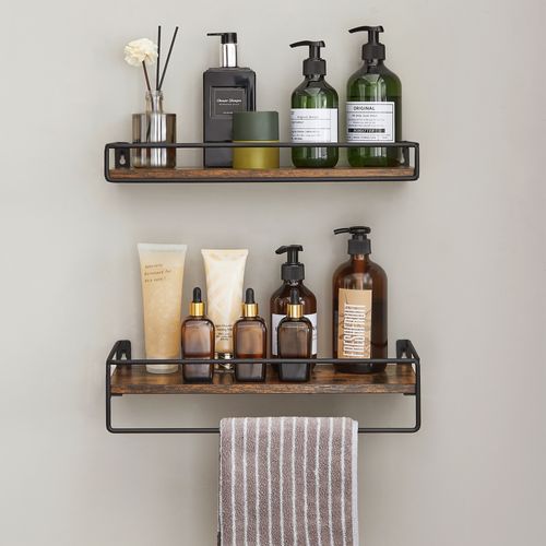 Lot De 2 Étagères Murales,tablettes Suspendues Avec Tringle, Marron Rustique Et Noir