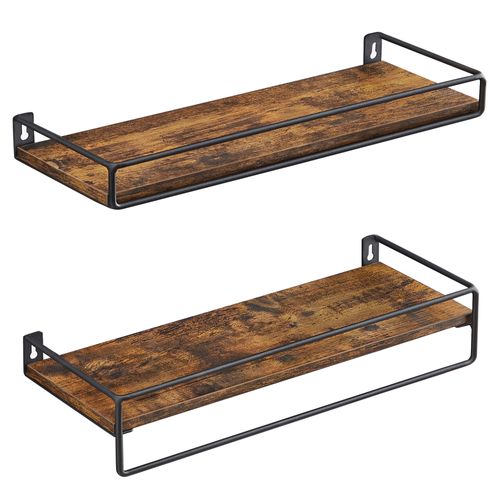Lot De 2 Étagères Murales,tablettes Suspendues Avec Tringle, Marron Rustique Et Noir