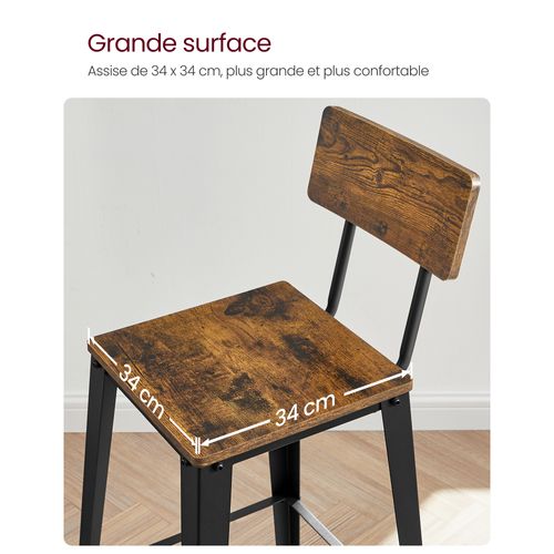 Tabouret Bar Industriel, Lot De 2, Avec Dossier, Cadre En Acier, Style Industriel