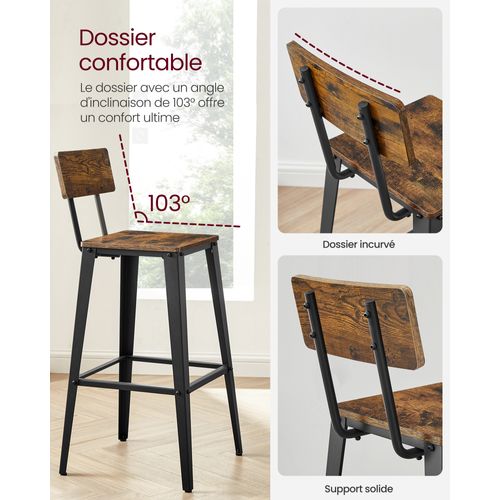 Tabouret Bar Industriel, Lot De 2, Avec Dossier, Cadre En Acier, Style Industriel