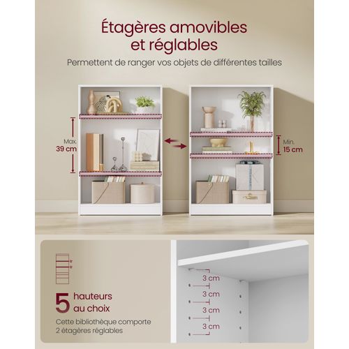Bibliothèque, Avec Étagères Réglables En Hauteur, 60 X 24 X 93 Cm, Blanc
