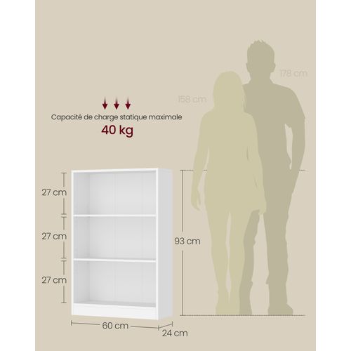Bibliothèque, Avec Étagères Réglables En Hauteur, 60 X 24 X 93 Cm, Blanc