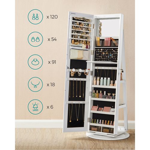 Armoire à Bijoux Avec Miroir Sur Pieds, Verrouillable, Avec 6 LED, 3 Étagères De Rangement, Blanc