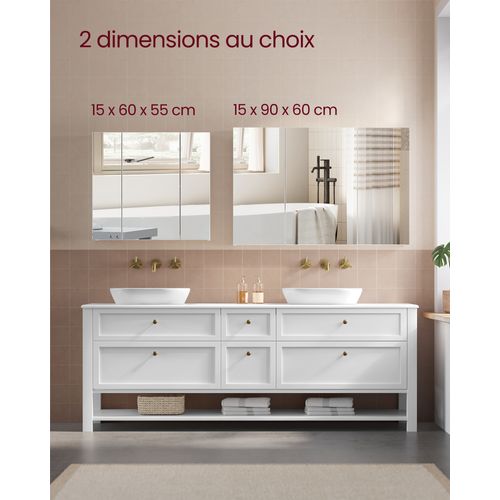 Armoire Murale Salle De Bain, Placard Avec Miroir, Meuble De Rangement 3 Portes, 60 X 15 X 55 Cm, Av