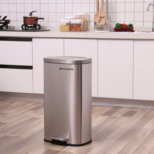 Poubelle De Cuisine 30L à Pédale - Couvercle Fermeture Douce, Seau Amovible, Finition Argent