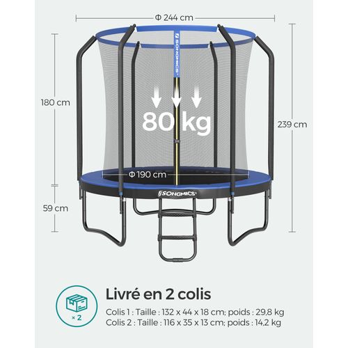 Trampoline, 244 Cm, Avec Filet De Sécurité Intérieur, Échelle, Pour Enfants Et Adultes,bleu