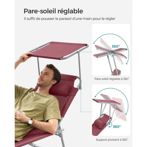 Chaise Longue Pliable, 193 X 53 X 29 Cm, Pour Jardin, Piscine, Terrasse, Rouge