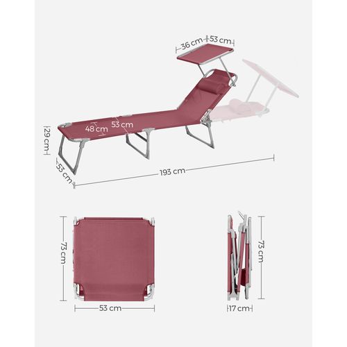 Chaise Longue Pliable, 193 X 53 X 29 Cm, Pour Jardin, Piscine, Terrasse, Rouge