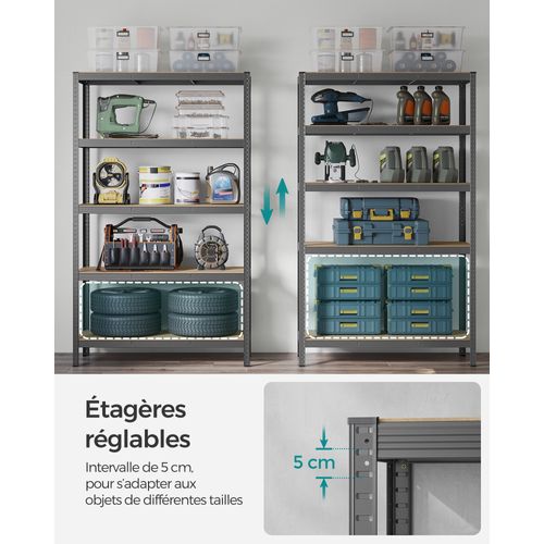 Étagère De Rangement à 5 Niveaux, 60 X 120 X 200 Cm, Capacité 750 Kg, Planches Réglables, Gris