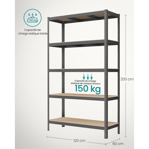 Étagère De Rangement à 5 Niveaux, 60 X 120 X 200 Cm, Capacité 750 Kg, Planches Réglables, Gris