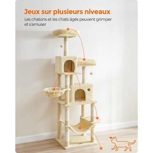 Arbre à Chat, Grande Tour De Jeux, Housses De Plate-forme Amovibles, Hauteur 199 Cm, Beige