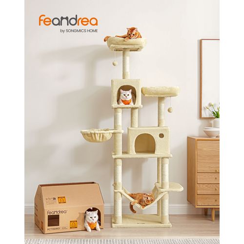 Arbre à Chat, Grande Tour De Jeux, Housses De Plate-forme Amovibles, Hauteur 199 Cm, Beige