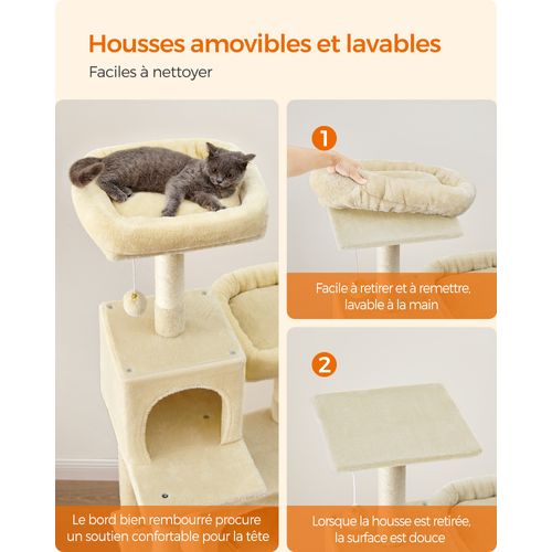 Arbre à Chat, Grande Tour De Jeux, Housses De Plate-forme Amovibles, Hauteur 199 Cm, Beige