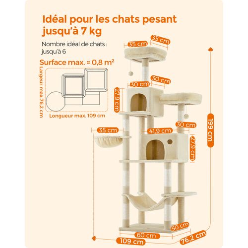 Arbre à Chat, Grande Tour De Jeux, Housses De Plate-forme Amovibles, Hauteur 199 Cm, Beige