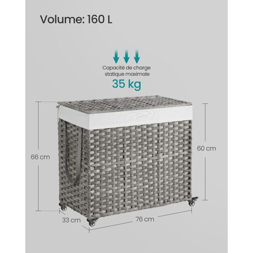 Panier à Linge avec Couvercle, 160 L, avec Roulettes, Sac Intérieur Amovible, 76 x 33 x 66 cm, Gris