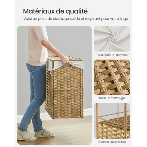Panier à Linge avec Couvercle et Roulettes, 160 L, Sac Intérieur Amovible, 76 x 33 x 66 cm, Naturel
