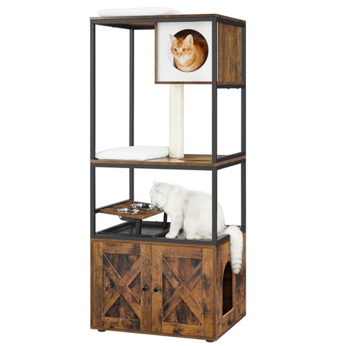 Arbre à Chat, Maison Pour Chat Avec Cache-litière, Poteau à Griffer En Sisal, Marron Rustique