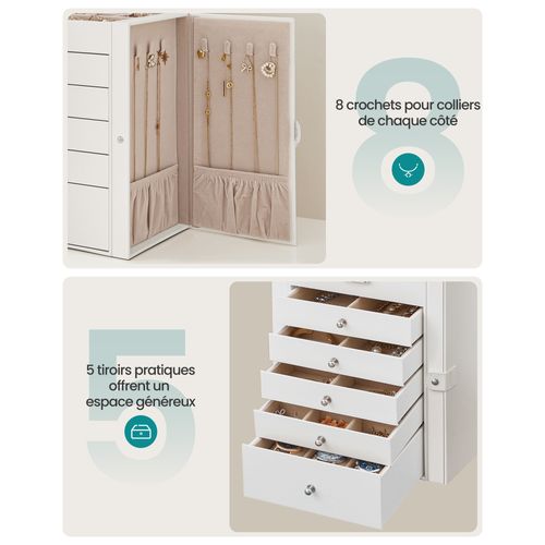 Boîte à Bijoux, Grand, 6 Niveaux Avec Ailes, Tiroirs, Miroir Et Fermoir, Blanc