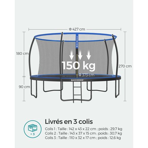 Trampoline Ø 427 Cm Pour Enfants, Filet De Protection, Noir Et Bleu