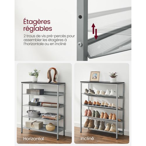 Étagère Chaussure 5 Niveaux, Avec Étagères Grillagées Réglables Et Large Dessus, Noir Et Argent