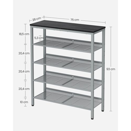 Étagère Chaussure 5 Niveaux, Avec Étagères Grillagées Réglables Et Large Dessus, Noir Et Argent