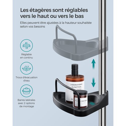 Étagère De Douche Réglable En Hauteur, Hauteur Totale 95-300 Cm, En Inox, 4 Niveaux, Argent Et Noir