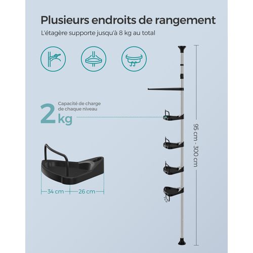 Étagère De Douche Réglable En Hauteur, Hauteur Totale 95-300 Cm, En Inox, 4 Niveaux, Argent Et Noir