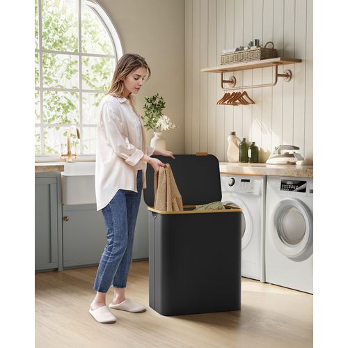 Panier à Linge Avec Couvercle à 3 Compartiments, 150l, Sac Amovible, Tissu Oxford, Pliable, Noir