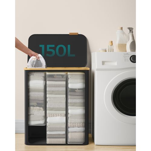 Panier à Linge Avec Couvercle à 3 Compartiments, 150l, Sac Amovible, Tissu Oxford, Pliable, Noir