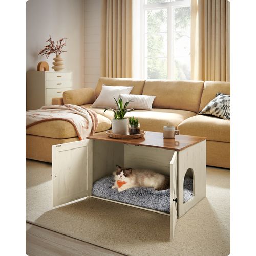 Maison De Toilettes Pour Chat, Meuble Litière Chat, 80 X 53 X 50 Cm, Marron Miel Et Blanc Rustique